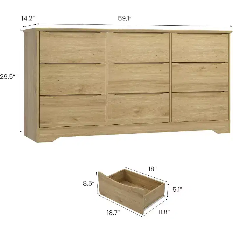 Wooden Dresser with 9 Drawers, Long Storage Dresser, Modern Closet, for Bedroom, Living Room