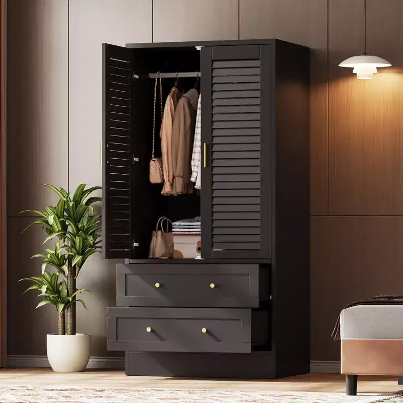 65 Wooden Armoire Wardrobe Closet, Wood Clothing Storage Cabinets with 2 Doors and 2 Drawers, Wooden Wardrobe Closet with Hanging Rod for Bedroom
