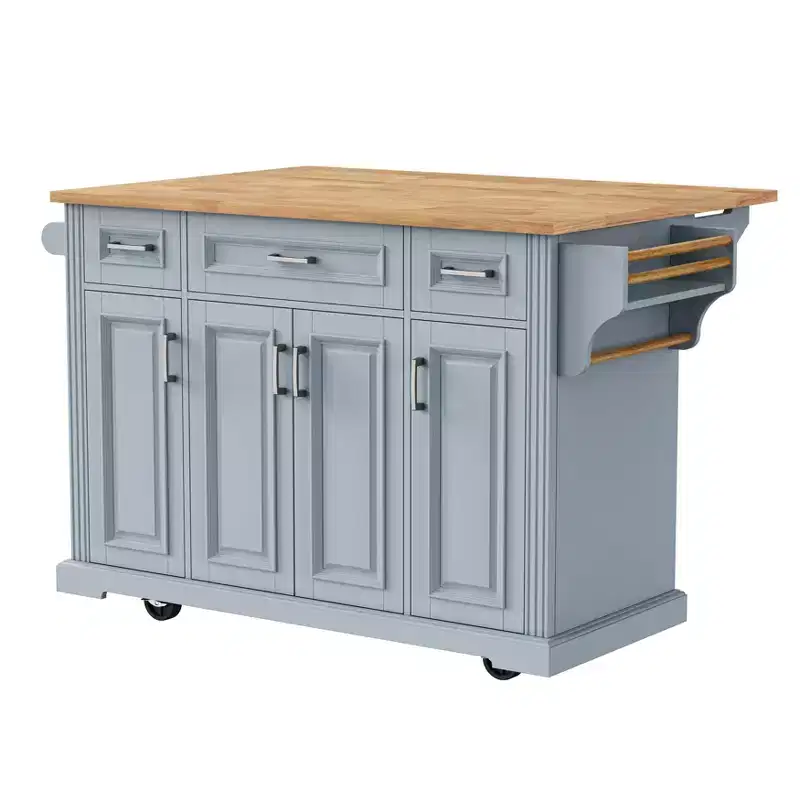 Rolling Kitchen Island with Wood Top and Storage Cabinets, Grey