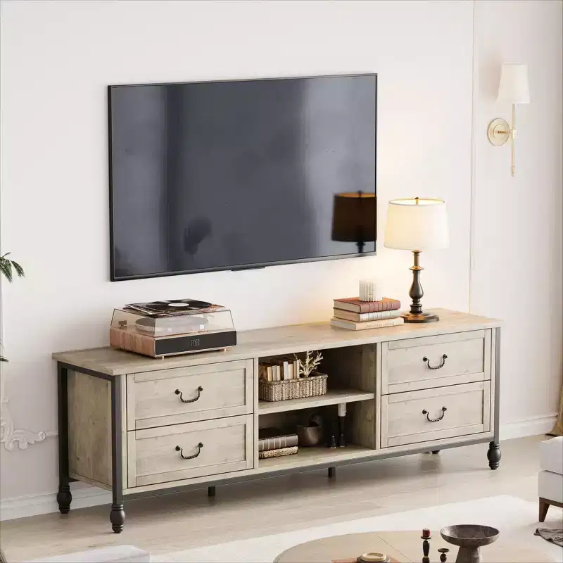GustoWave Vintage TV Stand for up to 75 Inch TV, Entertainment Center with Metal Roman Columns & 4 Drawers, Rustic Grey