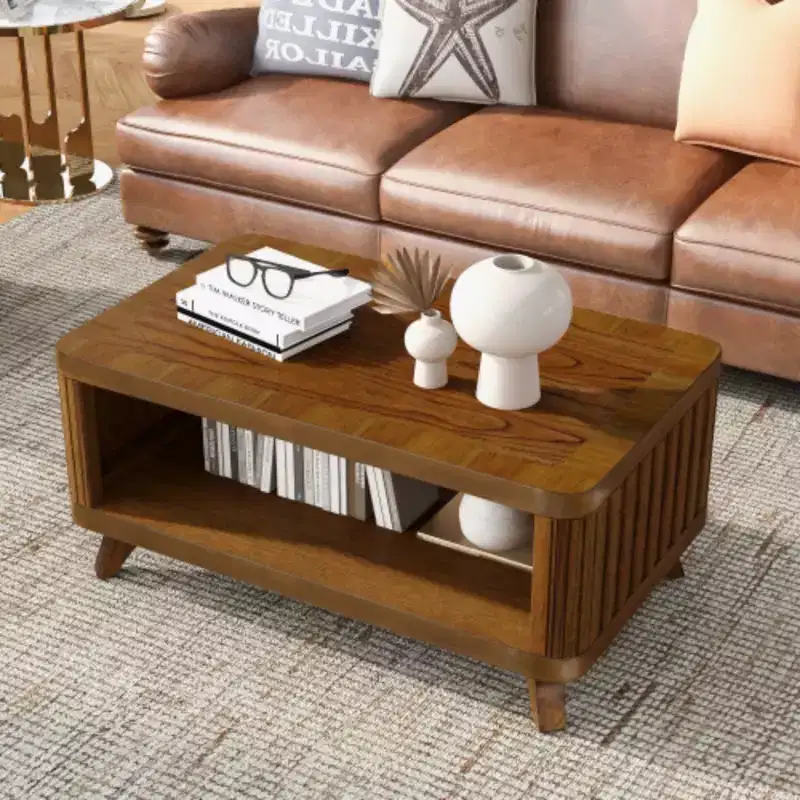 Brown Rectangular Coffee Table with Open Shelf, Pine Wood, 41.5