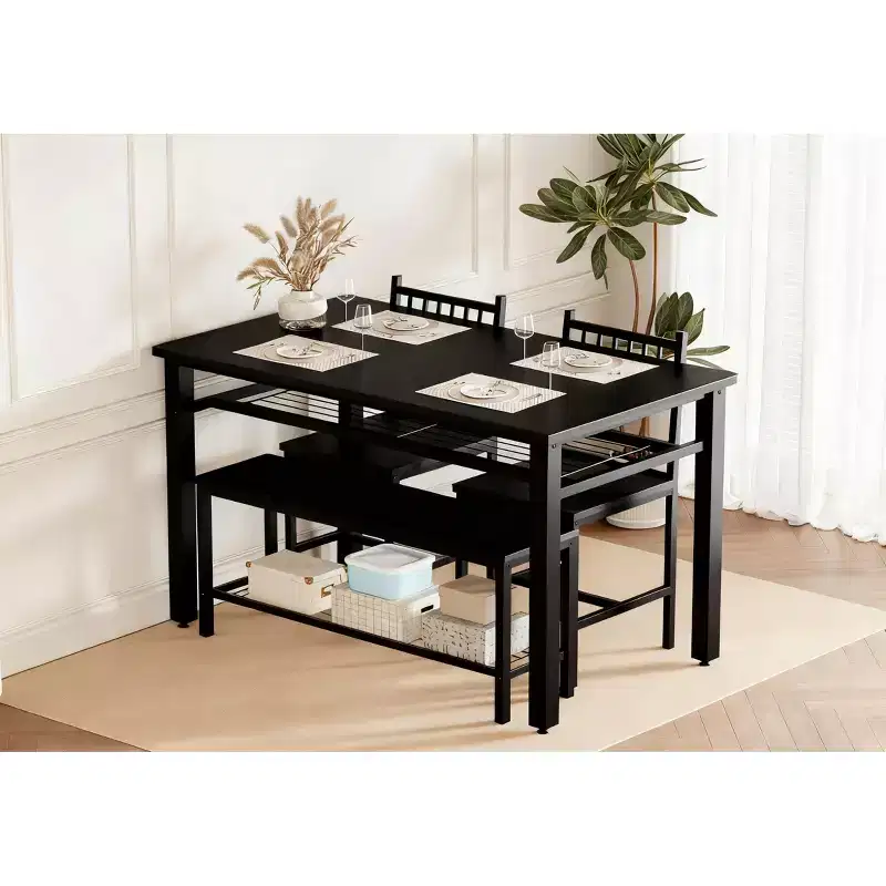 Dining Table Set for 4, Brown Kitchen Table with 2 Chairs and Bench, Table and Bench with Storage Place, 4 Piece Dining Table Set for Small Space