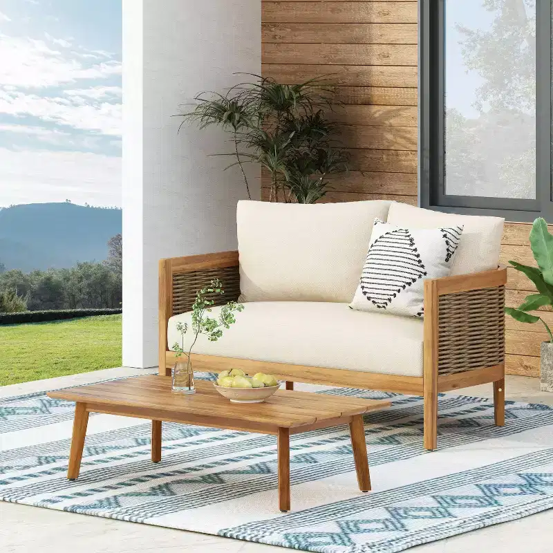 Christopher Knight Home 2pc Burchett Acacia Wood and Rattan Outdoor Loveseat and Coffee Table Set with Cushions