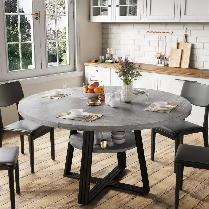 47'' Round Dining Table for 4, Kitchen Dining Room Circle Dinner Pedestal Table, Space Saving Wood Kitchen & Dining Room Furniture