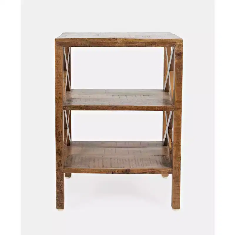 Solid Mango Wood X-Side Accent Table with 2 Shelves – 24