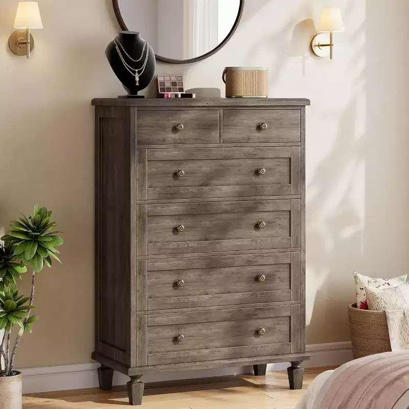 Wood 6-Drawer Dresser with Tapered Legs — Distressed Finish