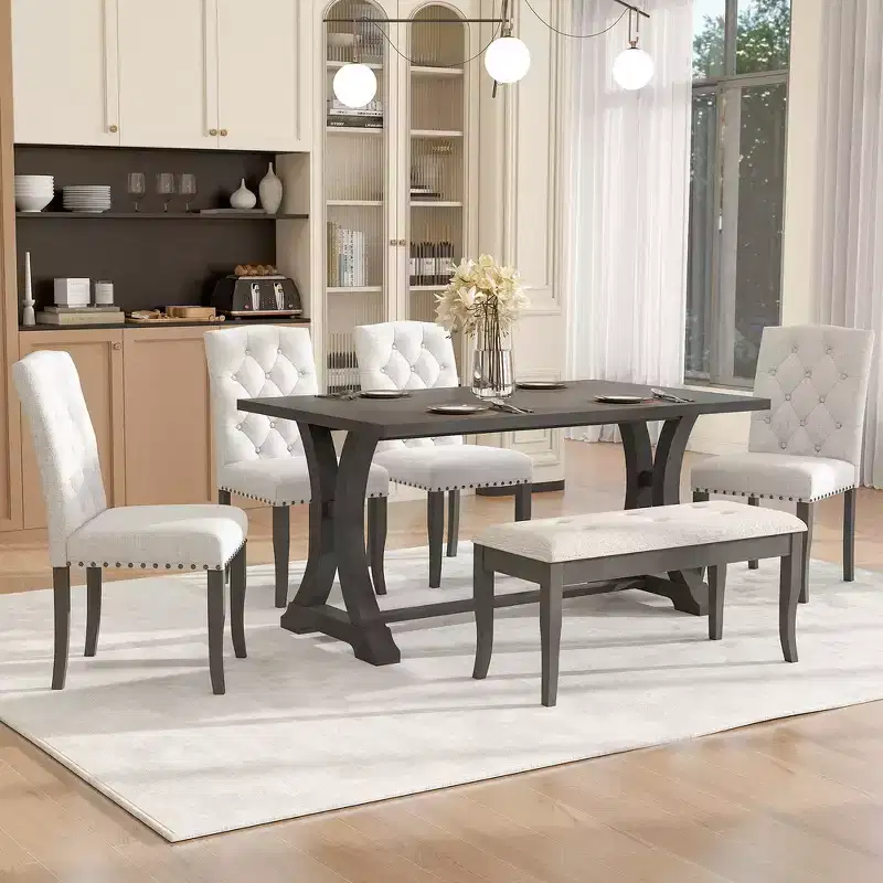 Whisen 6-Piece Farmhouse Dining Table Set with 4 Upholstered Chairs and Bench for Dining Room