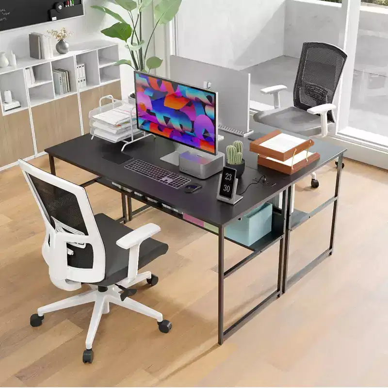 55 x 24 Computer Desk with Power Outlets & USB Ports, Storage Shelf, Metal Frame Black/Brown