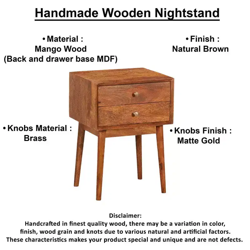 Royal Hampton Bedside Nightstand Table with 2 Drawers and Brass Knobs, Mango Wood Construction