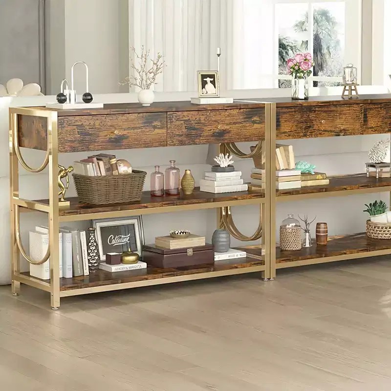 Sofa Table with Drawers, Console Table Set of 2 , Narrow Entryway Table with 3-Tier Storage Shelves, End Table for Living Room Hallway Foyer Kitchen