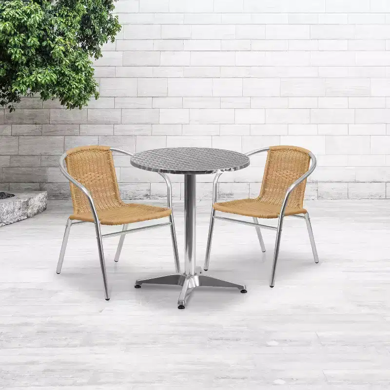 Emma and Oliver 23.5 Round Aluminum Garden Patio Table Set with 2 Rattan Chairs