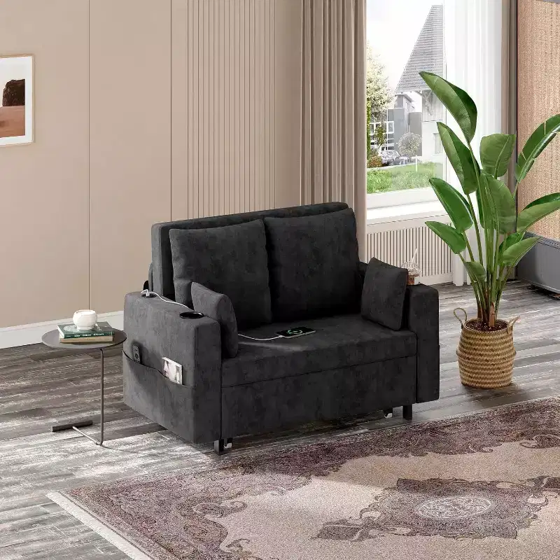 3-in-1 Convertible Sleeper Sofa Bed with Polyurethane Upholstery, Modern Pull-Out Sofa for Living Room, Apartment and Guest Space