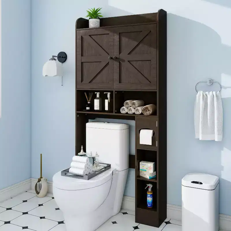 Over-the-Toilet Storage Cabinet with Barn Doors, Toilet Paper Holder & 7 Storage Areas, 70