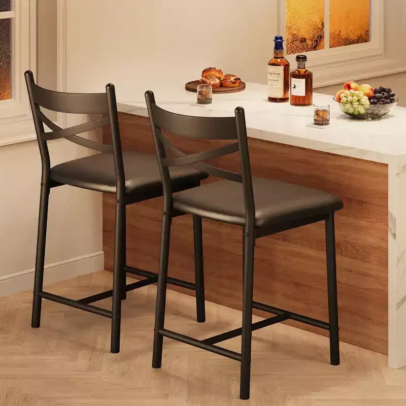Set of 2 Counter Height Bar Stools, PU Leather Upholstered Seats with X-Back Metal Frame, Stylish Kitchen Island & Dining Room Chairs