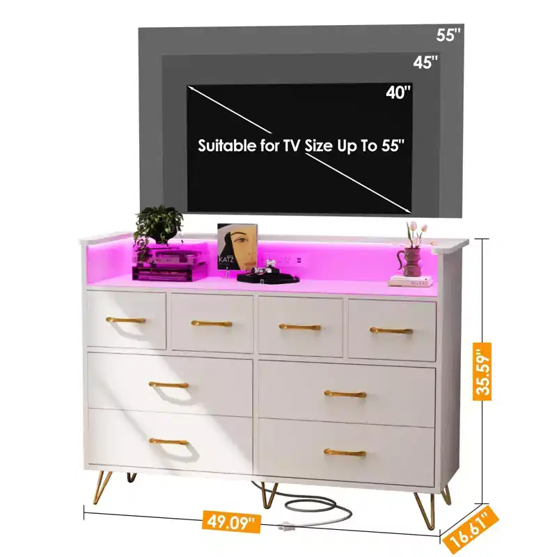 8-Drawer Dresser with Power Outlet, LED Lights & Gold Handles, Modern Wood Chest, White