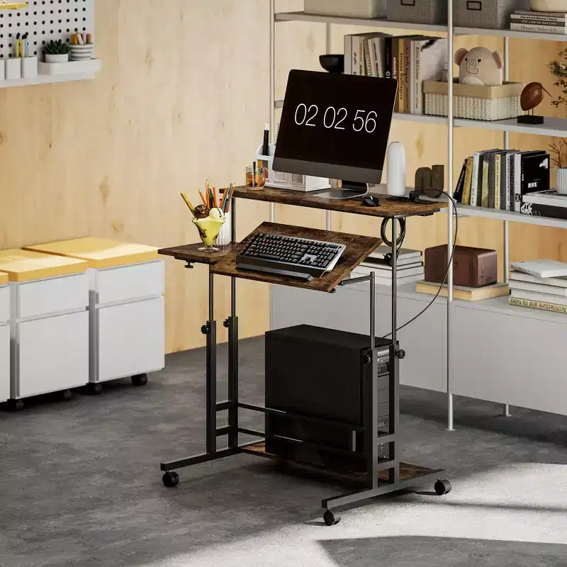 Rolling Standing Desk with Charging Station, Adjustable Height Mobile Desk with Wheels