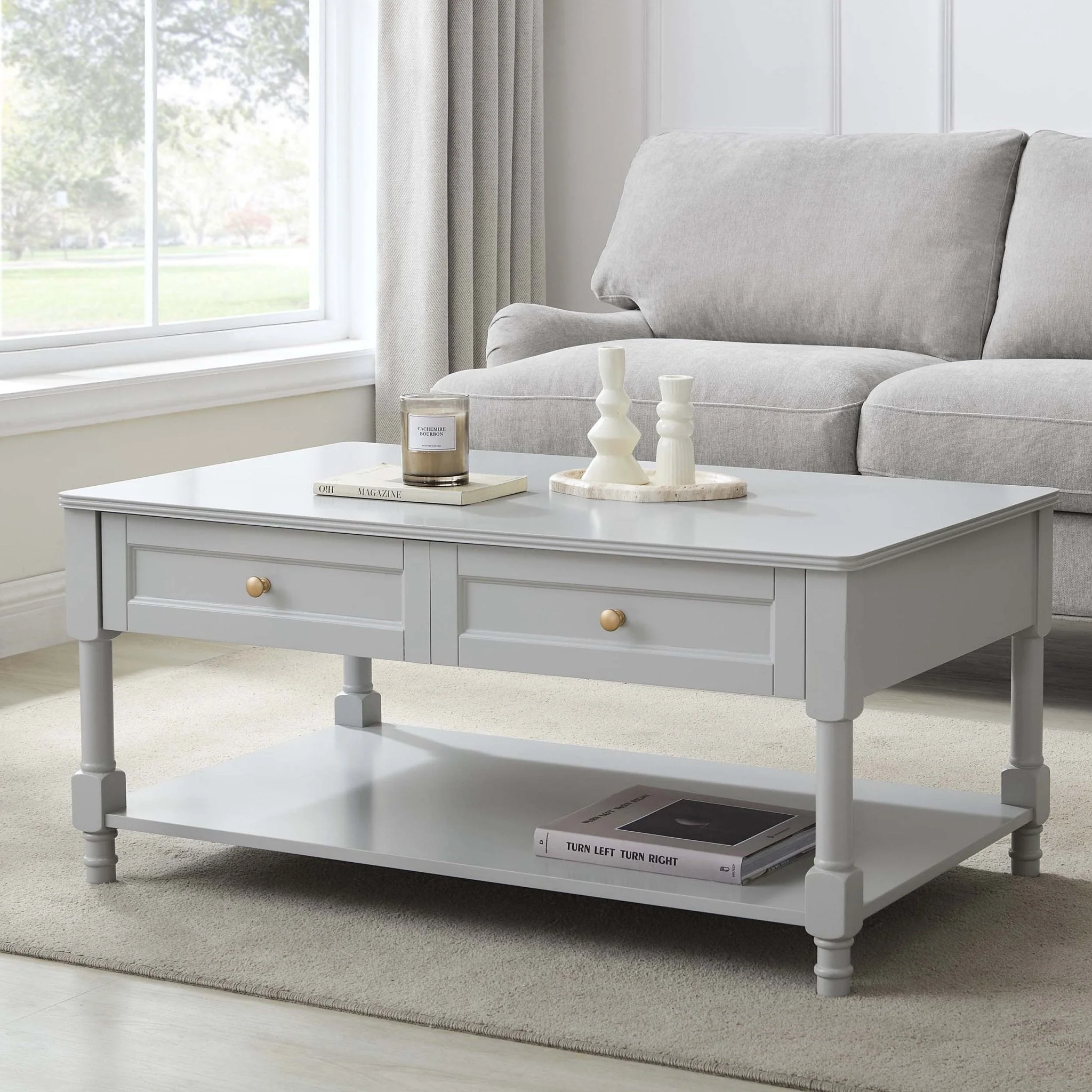 Classic Light Grey Painted Coffee Table with Drawer Storage for Living Room
