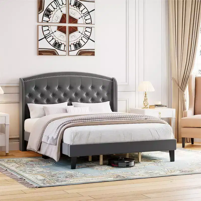 Bed Frame, Full Size Bed - Velvet Upholstered Platform with Wingback Headboard, Button Tufted, No Box Spring Needed (Grey)