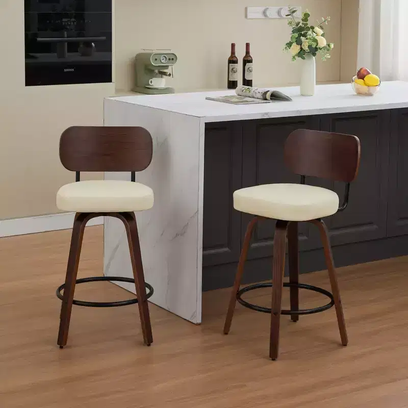Vatros Swivel Bar Stools Set of 2, 26 Upholstered Faux Leather Counter Height Barstools with Walnut Back & Bentwood Legs