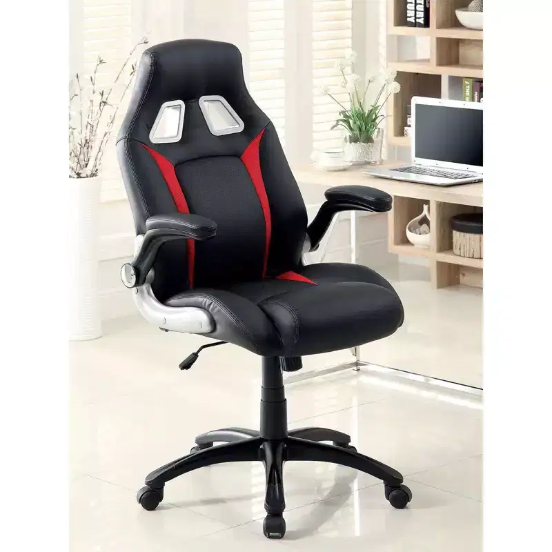 Okak Modern Upholstered Office Chair, Computer Chair with Foldable Armrest and Adjustable Height, Comfy Chair for Gaming Room, Study, Black