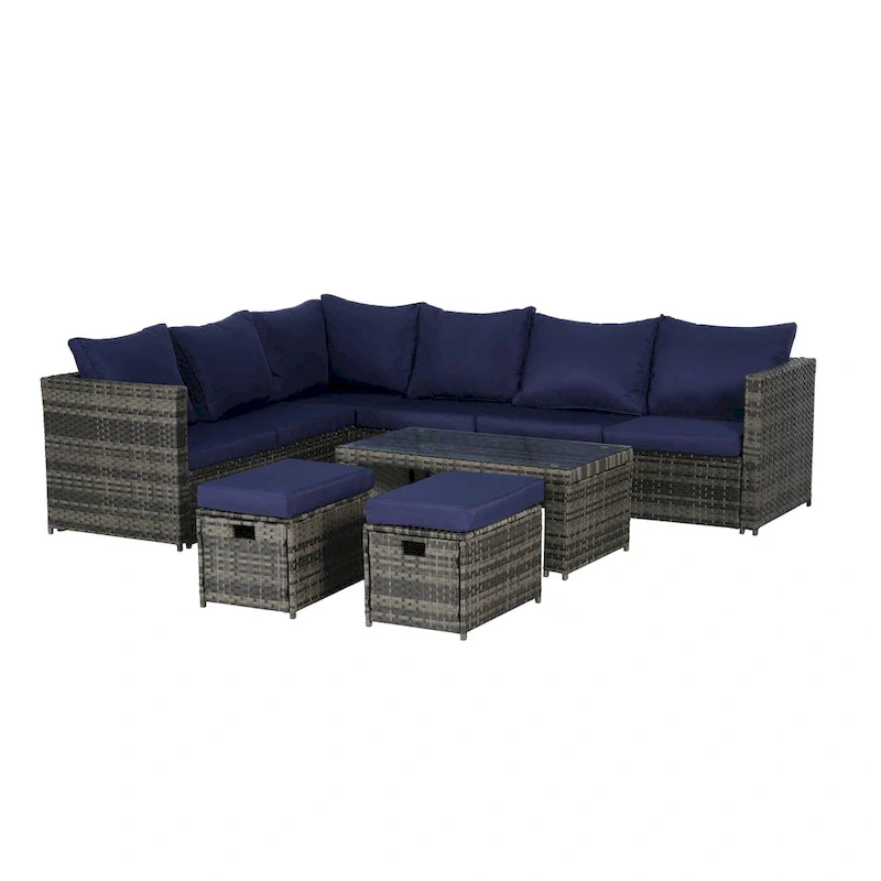 6-Piece Rattan Sectional Sofa Set with Glass Table