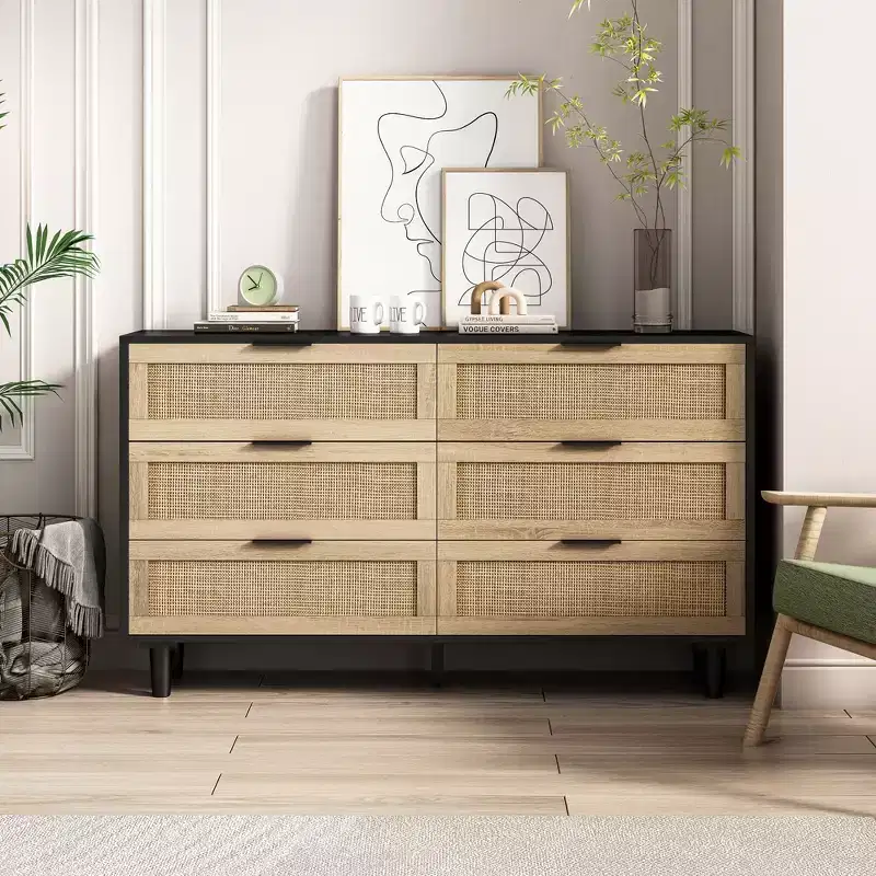 JVNOXK 51.18-inch 6-Drawer Modern Natural Rattan Storage Cabinet with Smooth-Gliding Rails, Suitable for Bedrooms and Living Rooms, Black