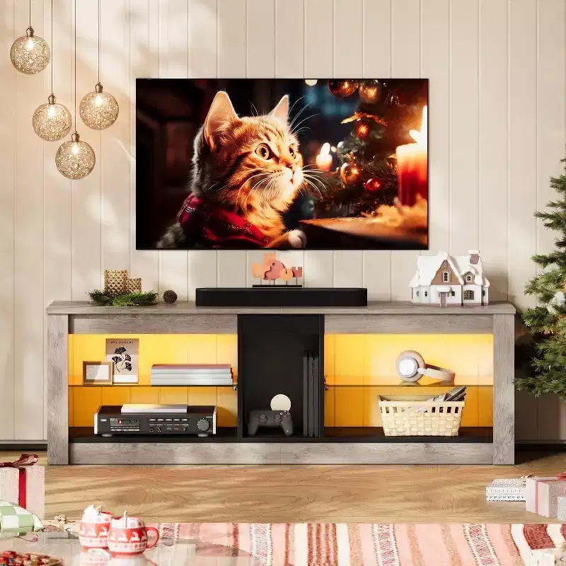 Particle Board TV Stand with Glass Shelves 18.5''H x 55.12''W x 13.78''D