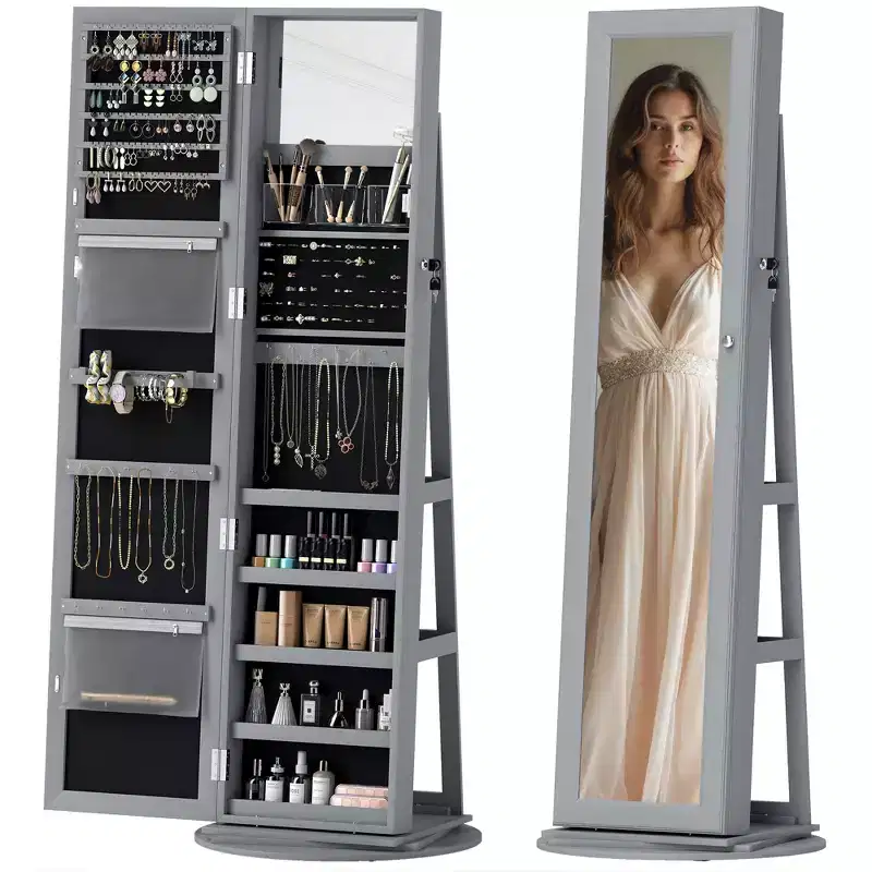 360 Swivel Jewelry Cabinet with Full-Length Mirror, Storage Shelves and Interior Small Mirror for Bedroom Living Room