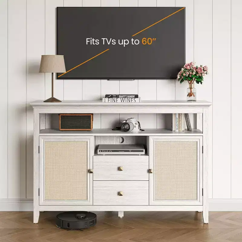Farmhouse Rattan Storage Cabinet, Doors & Drawers, Adjustable Shelves, Off-White