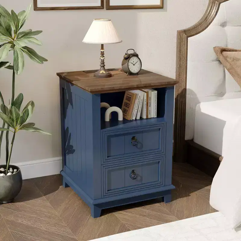 COZONY Modern Nightstand, Wooden Bedside Table w/ Two Drawers, Shelf & Fluted Detail