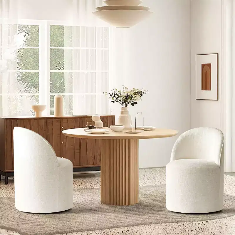 Set of 2 Modern Chenille Upholstered Dining Chairs with Wheels and Curved Barrel Back