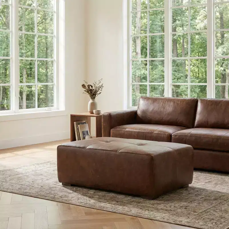 Art Leon Genuine Leather Ottoman, Vintage Upholstered Footstool, Rectangle Ottoman Foot Rest for Living Room Bedroom Entryway