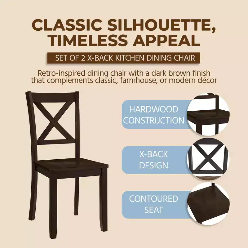 X-Back Farmhouse Wooden Kitchen Dining Chair in Dark Brown, Set of 4