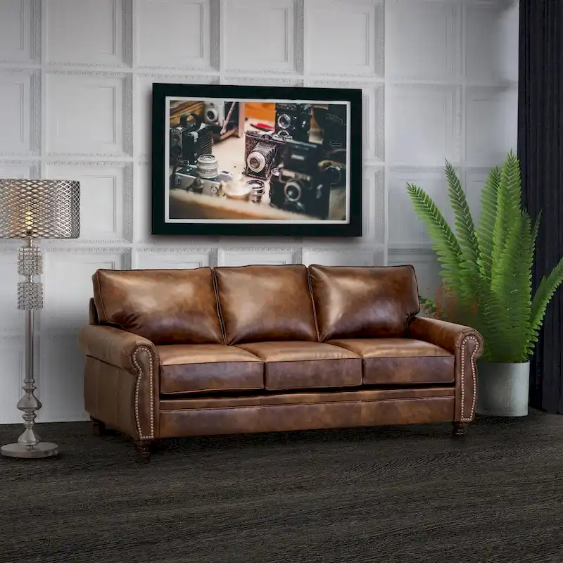 Made in USA Cabot Brown Top Grain Leather Sofa and Chair Set