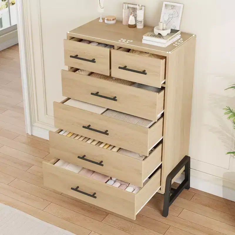 Natural Oak 6-Drawer Dresser, Freestanding Storage Chest (46.6 Tall)  For Bedroom, Living Room, or Entryway