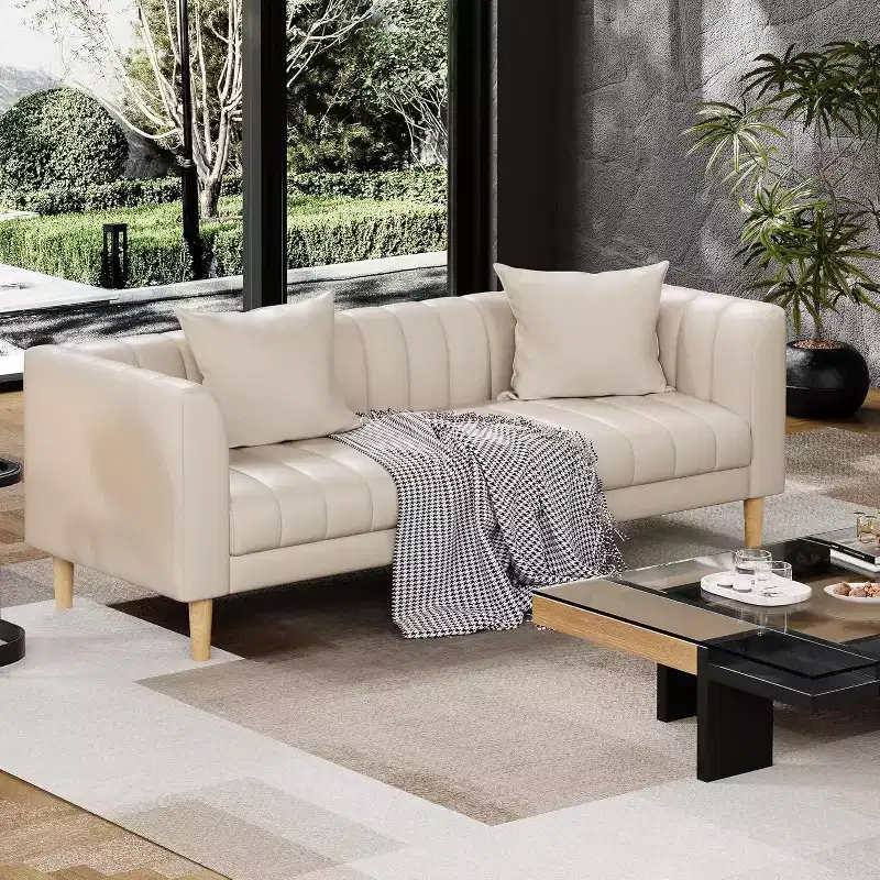 Faux Leather Sofas Couches with 2 Throw Pillows, Mid Century Modern Loveseat Sofa, 3 Seater Sofa and Wood Legs, Easy Assembly, for Living Room