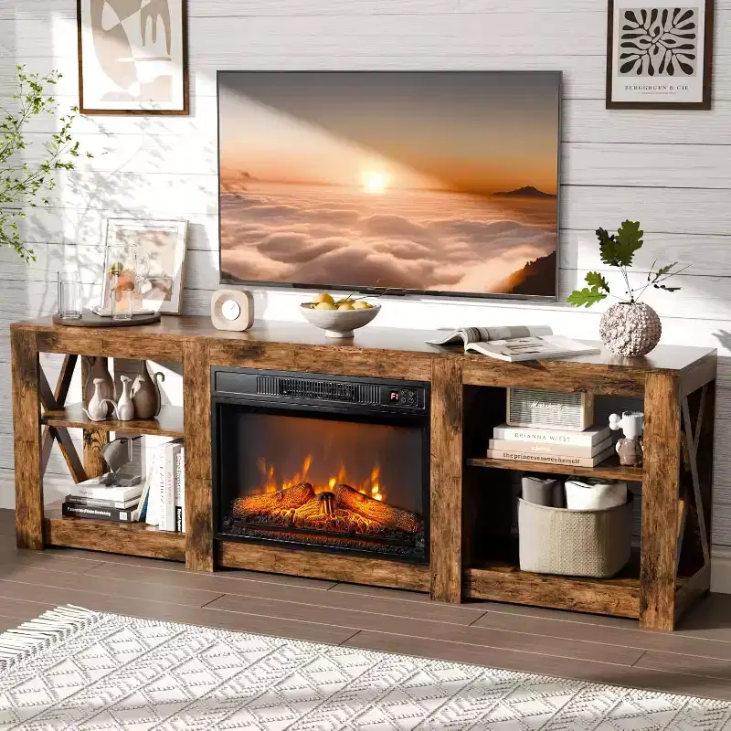 Farmhouse TV Stand with Electric Fireplace for up to 80