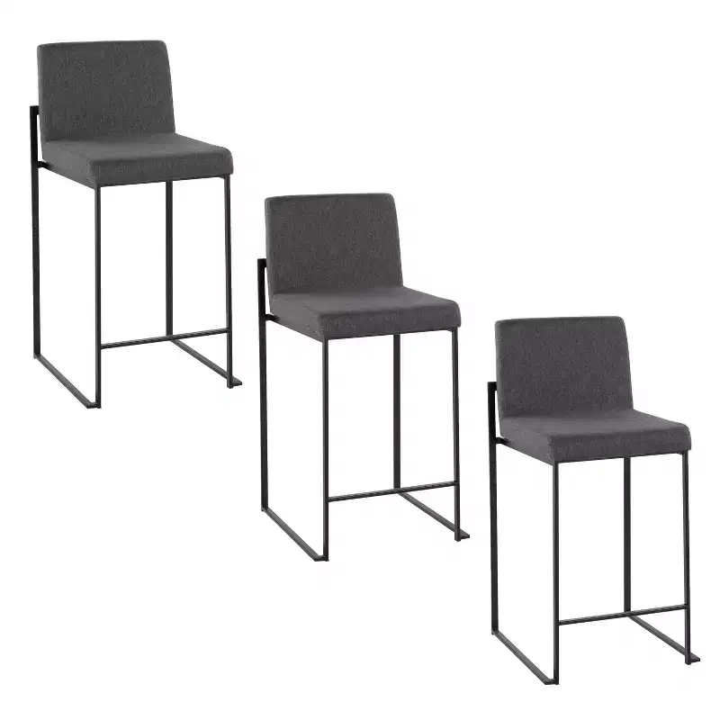 LumiSource Set of 3 Fuji High Back Counter Height Barstools Black Steel/Charcoal