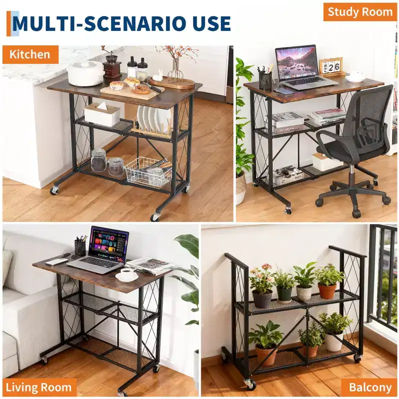 Metal Wire 3-Tier Foldable Shelf Rack with Wheels 29.84''H x 31.5''L x 22.05''W