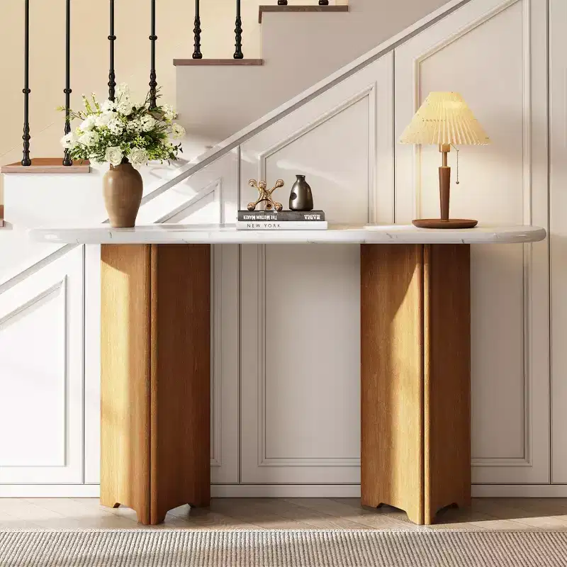 MAYEERTY Narrow Console Table with Oval Faux Marble Top Rustic Sofa Table with Curved Legs for Living Room Natural White