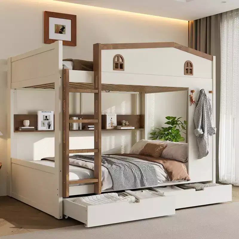 Queen Size Bunk Bed with Trundle/Drawers & Shelves, Solid Wood Bunk Bed Frame, No Box Spring Needed