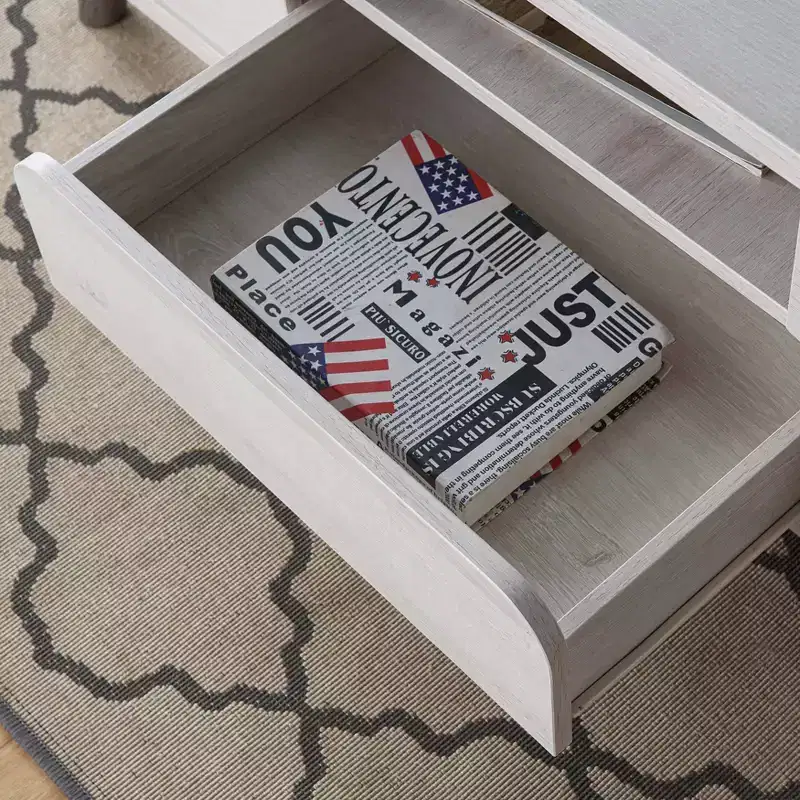 Frelmer 1 Drawer Coffee Table White Oak/Distressed Gray - miBasics: Mid-Century Modern, Flared Legs, Fixed Shelves