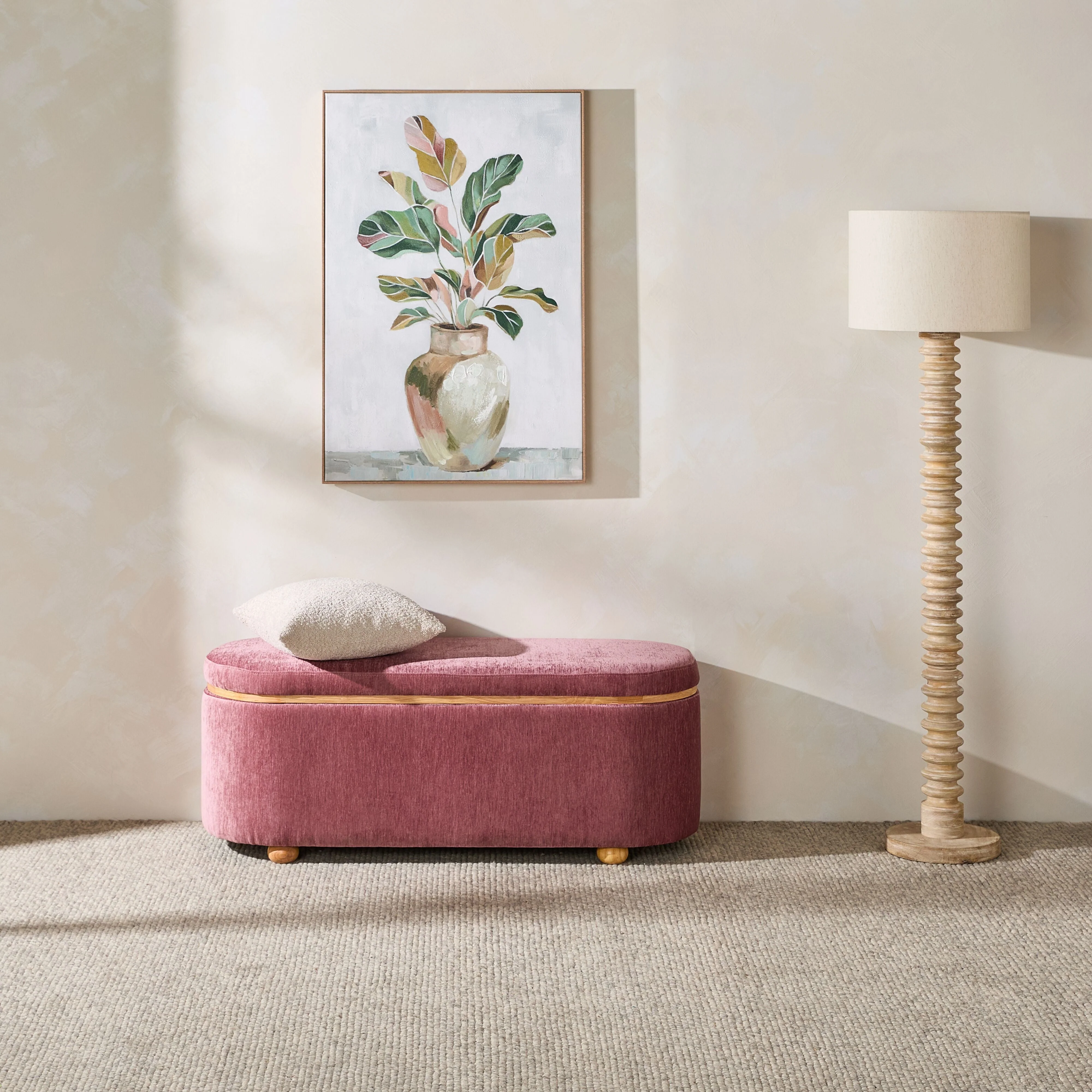 Textured Weave Storage Bench Blush Pink