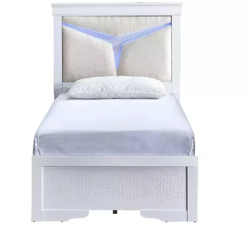 Passion Furniture Lorana Sparkling White Wood Frame Twin Panel Bed with LED Lighted Headboard