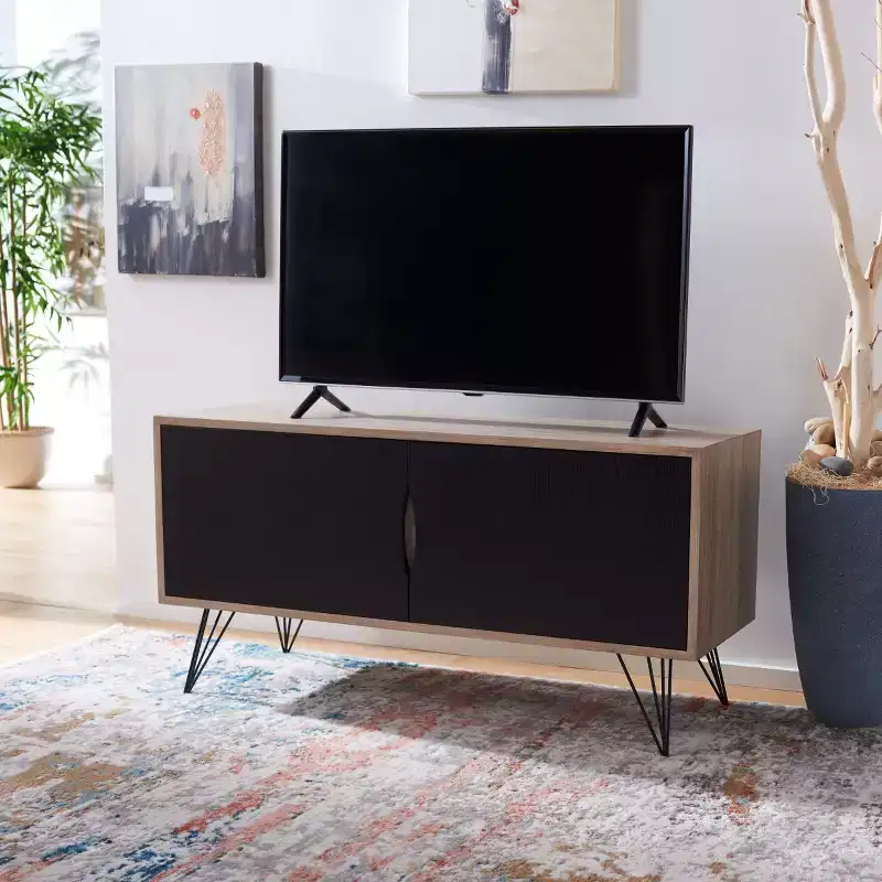 Modern Sideboard TV Console, Light Oak & Black, MDF, 47.3
