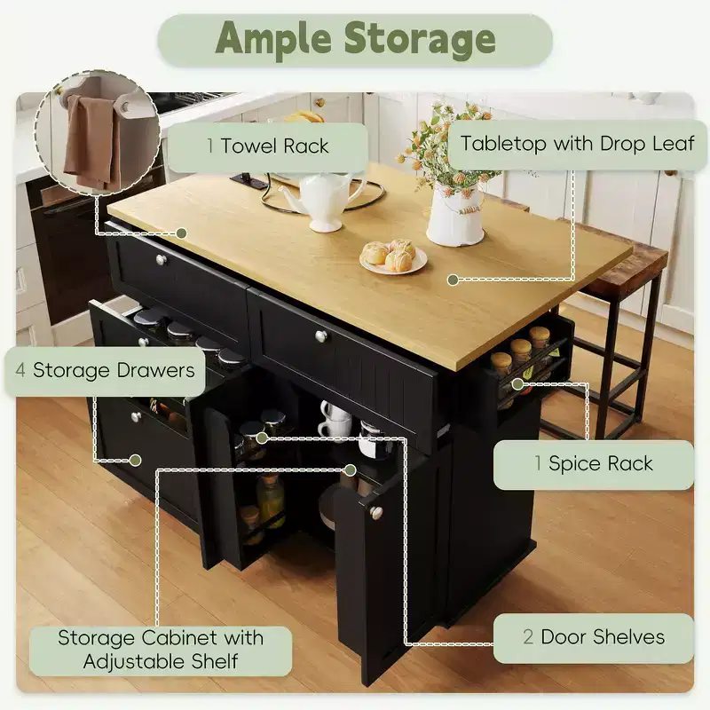 Farmhouse Kitchen Island with Drop Leaf, Drawers, Power Outlet and 2 Seats