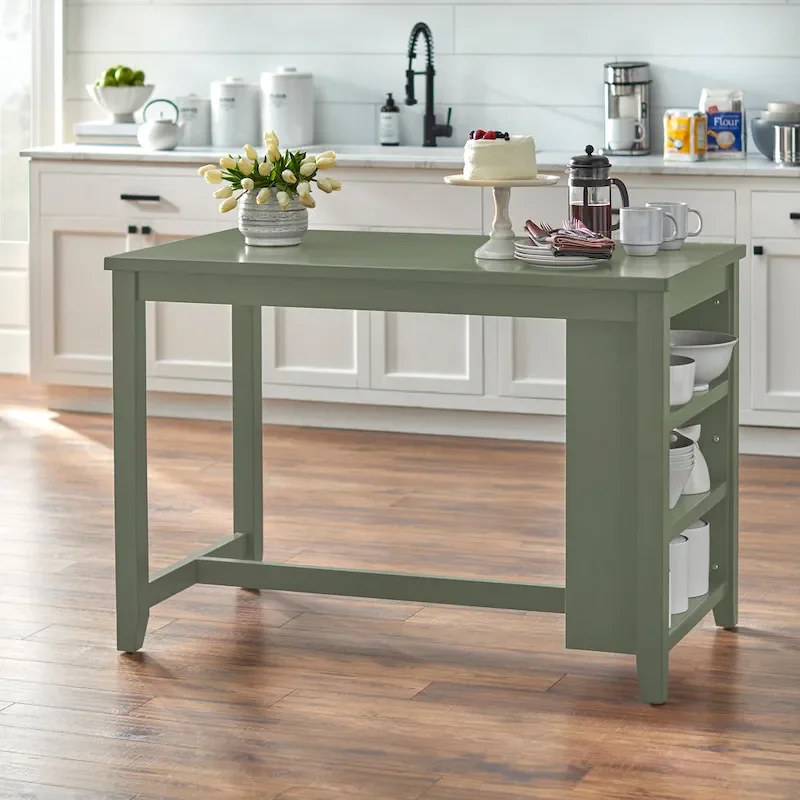 Counter-Height Dining Table with 3 Open Storage Shelves – Antique White / Sage Green / Grey, 2-Person Use