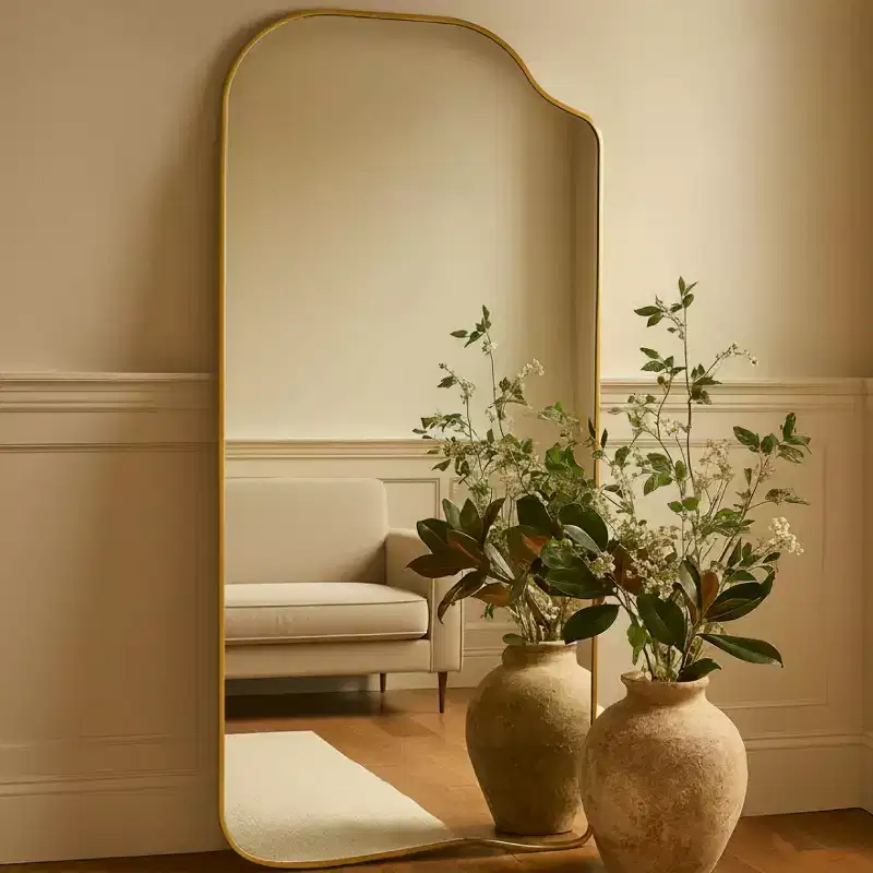 Gold Asymmetrical Full Length Mirror, Irregular Curved Gold Frame, 65 H x 35 W, Large Hanging Full Body Mirror for Bedroom or Living Room
