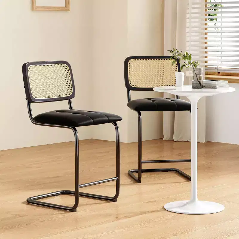 Okak 24 Inch Counter Stools Set of 2, Upholstered PU Leather Barstools with Natural Rattan Back, Modern Armless Bar Chairs for Kitchen Island