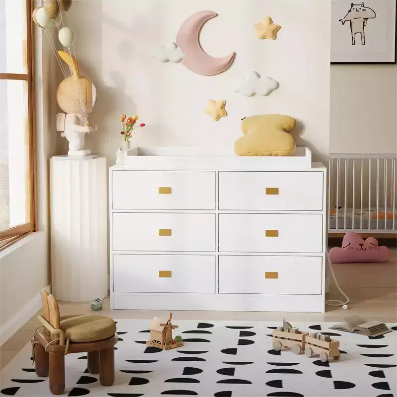GustoWave Nursery Dresser with Changing Table Top,6-Drawer Baby Dresser with Anti-Tip Kit, Waterproof Top
